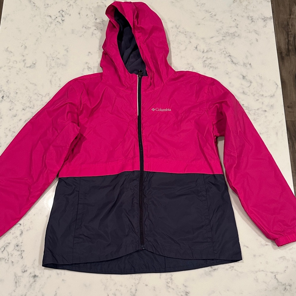 Columbia Kids Jacket XL – Pink & Gray Fleece-Lined Hooded Windbreaker Coat